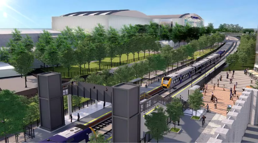 CGI of train station at Brabazon. Behind the station is the new Supersonic YTL Arena