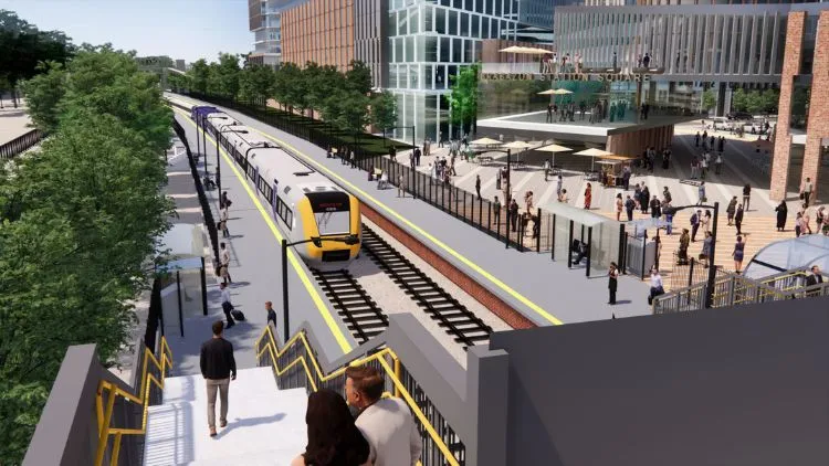 A train pulling into the busy North Filton Station at Brabazon.