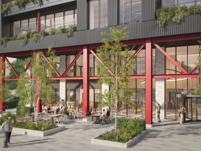 CGI of new station office building at Brabazon, showcasing a external seating on the ground floor. 