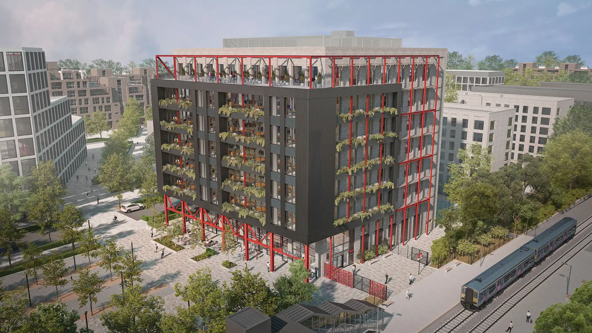 CGI of The Interchange office at Brabazon with black facade and red structural accents, featuring balconies adorned with plants. Surrounded by trees and located next to a railway line.