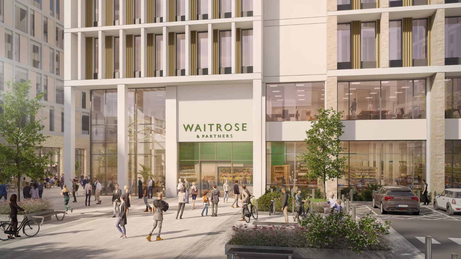 Rendering of people walking towards the entrance to Waitrose & Partners supermarket at Brabazon.