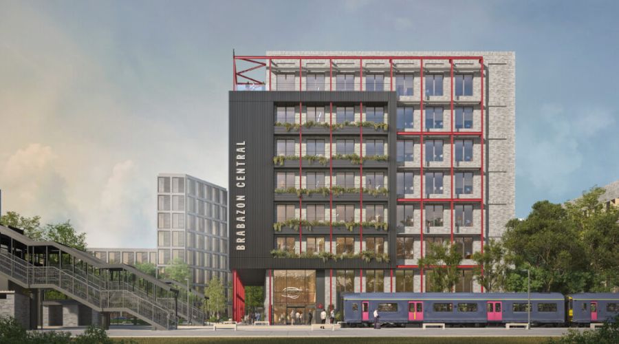 Computer-generated image of passengers boarding a train at the new train station at Brabazon.