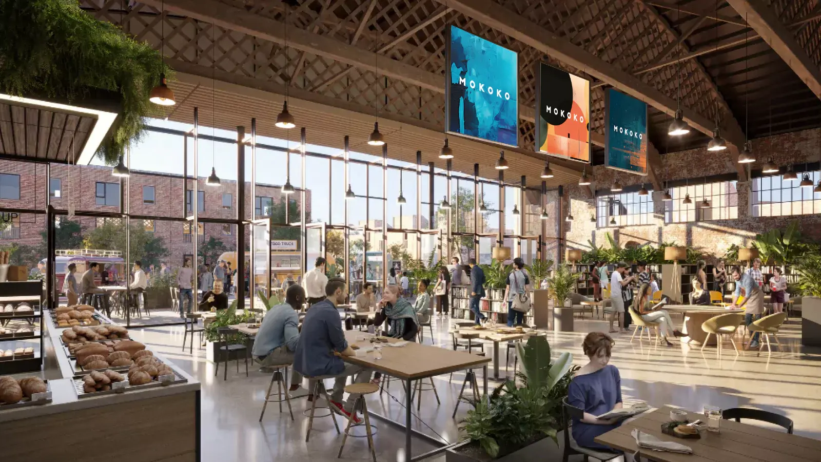 Internal rendering of customers sitting at tables at the new Mokoko Bakery location within The Hangar at Brabazon, Bristol.