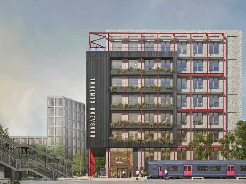 CGI of eight-storey office development near the new train station at Brabazon. 